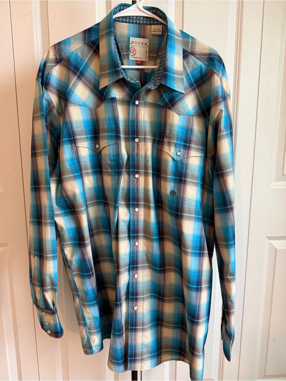 Roper Wear The West Blue Plaid Pearl Snap Western Shirt XLT Extra Large Tall